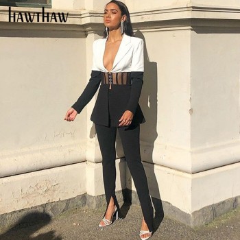Hawthaw Women Autumn Winter Long Sleeve V Neck Color Block Streetwear Ladies Blazer Tailored Business Coat 2020 Fall Clothes